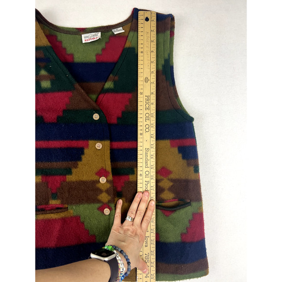Vintage Aztec Fleece Vest Southwest Boho Western Geometric Button‎ Up Pockets - Picture 9 of 10